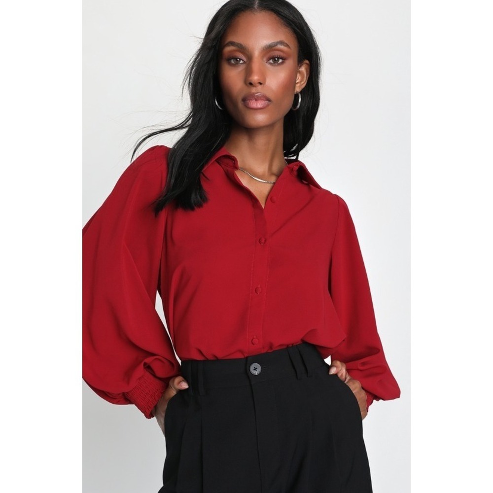 Lulus Effective Aesthetic Wine Red Long Sleeve Button Up Top - Size M